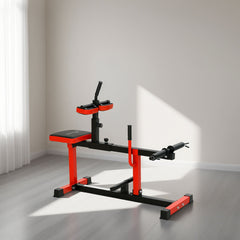 Adjustable steel seated calf raise exercise machine in red for strength training, featuring padded seat and sturdy frame by Berry Charmz.