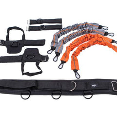 Full body strength and resistance training kit by Berry Charmz with multiple colorful resistance bands and handles for exercise.