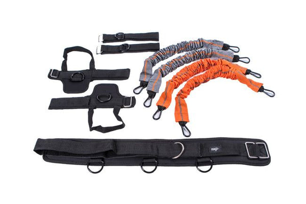 Full body strength and resistance training kit by Berry Charmz with multiple colorful resistance bands and handles for exercise.