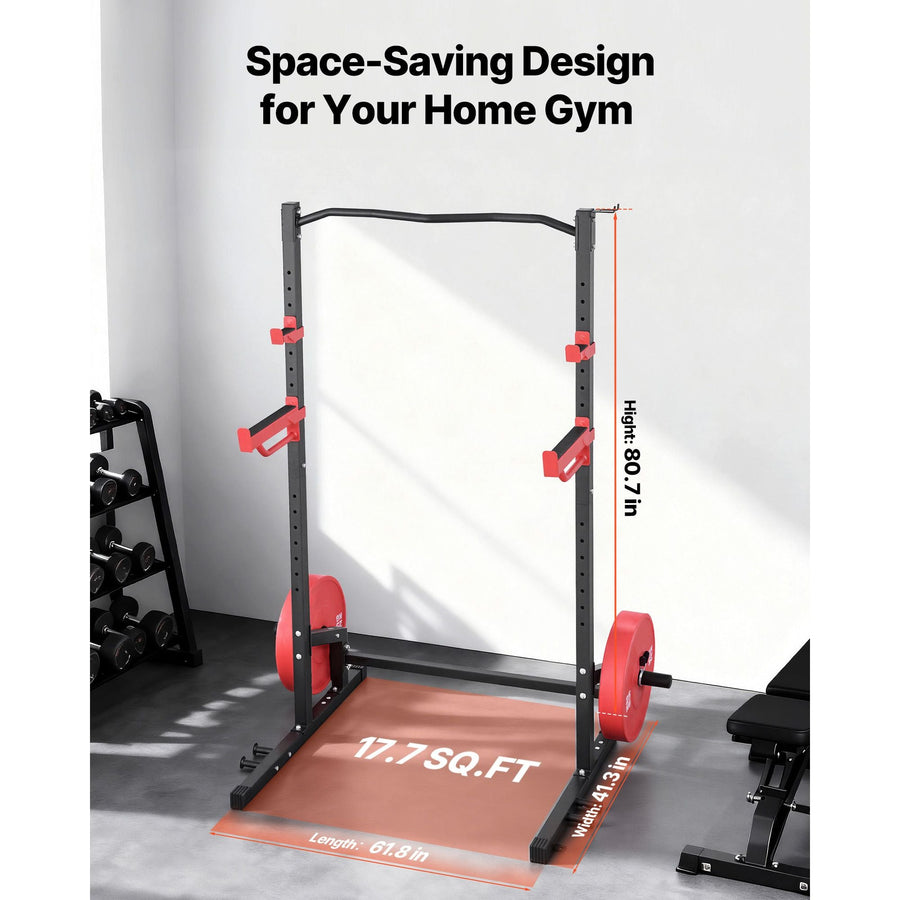Berry Charmz power cage squat rack with adjustable J-hooks, safety bars, band pegs, and sturdy steel frame for home gym strength training.