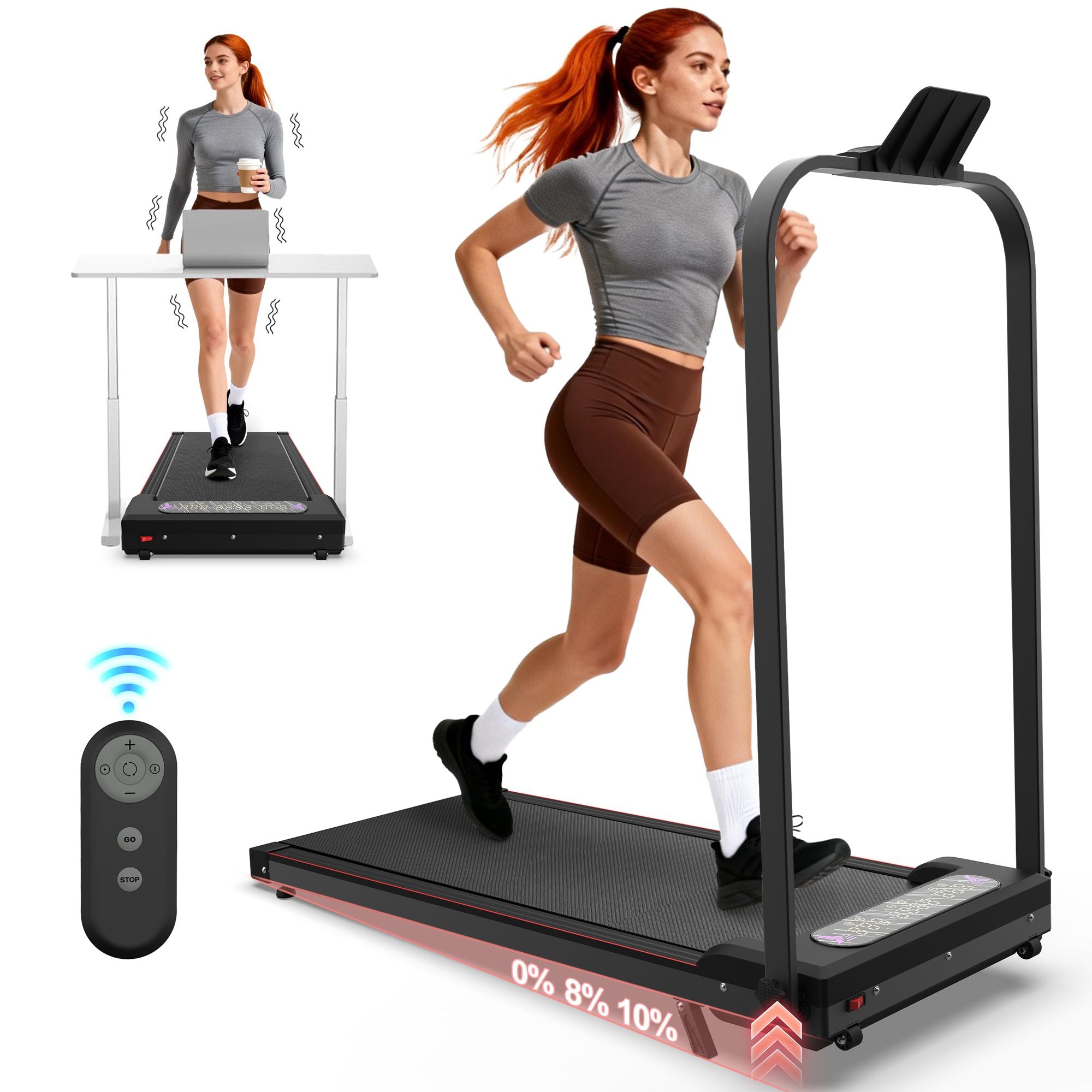 Foldable Berry Charmz treadmill with handlebar and incline, compact portable walking pad with remote control for home or office use.