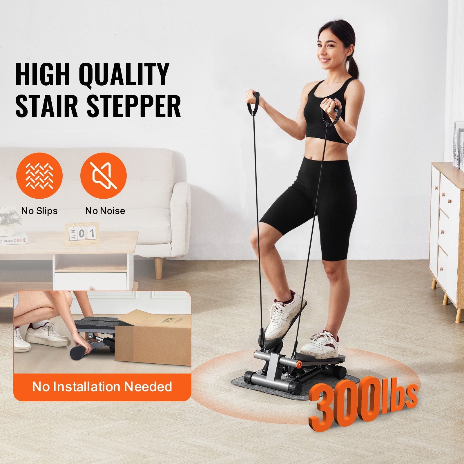 Mini stair stepper by Berry Charmz with resistance bands, LCD monitor, hydraulic design, suitable for full-body cardio workouts.
