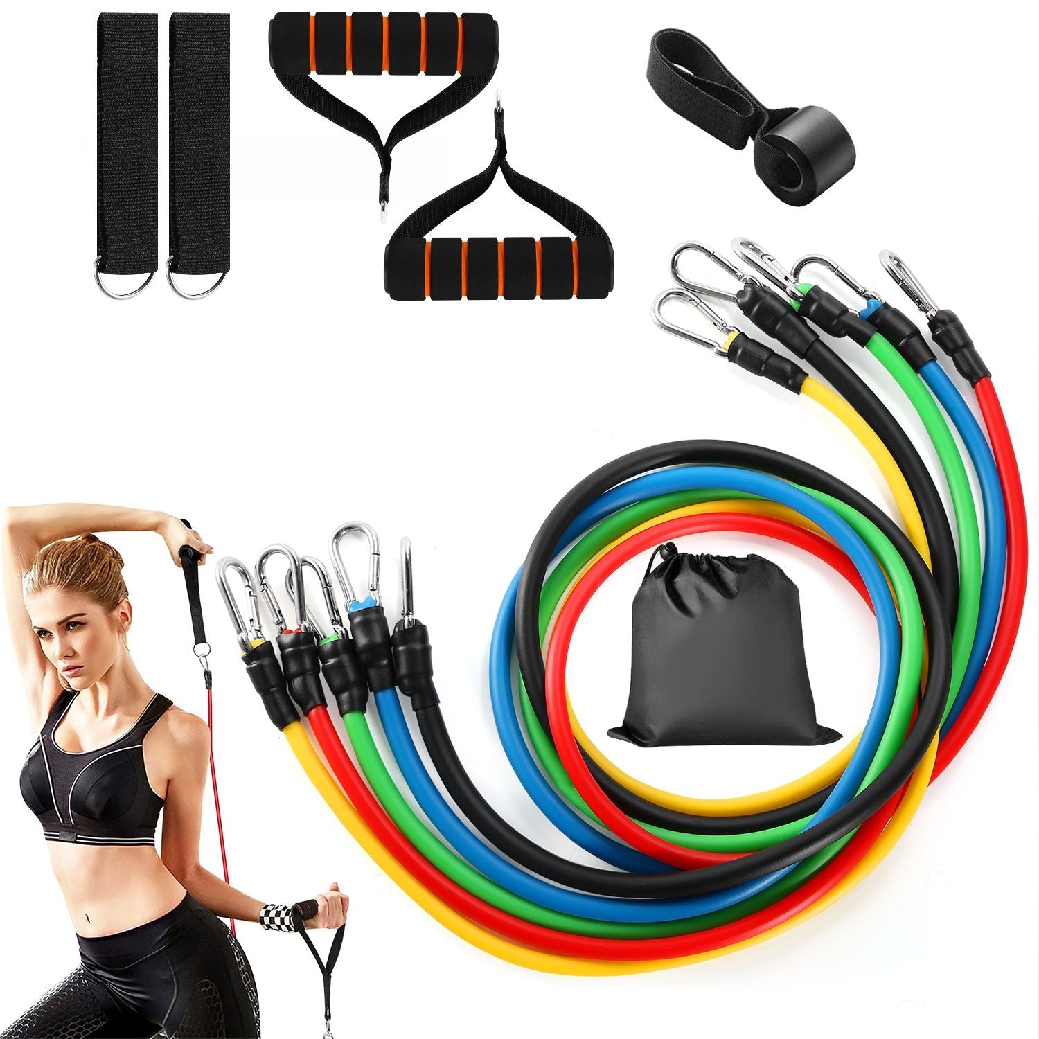 Berry Charmz 11-piece resistance bands set with door anchor handles and ankle straps for fitness, yoga, and Pilates exercises.