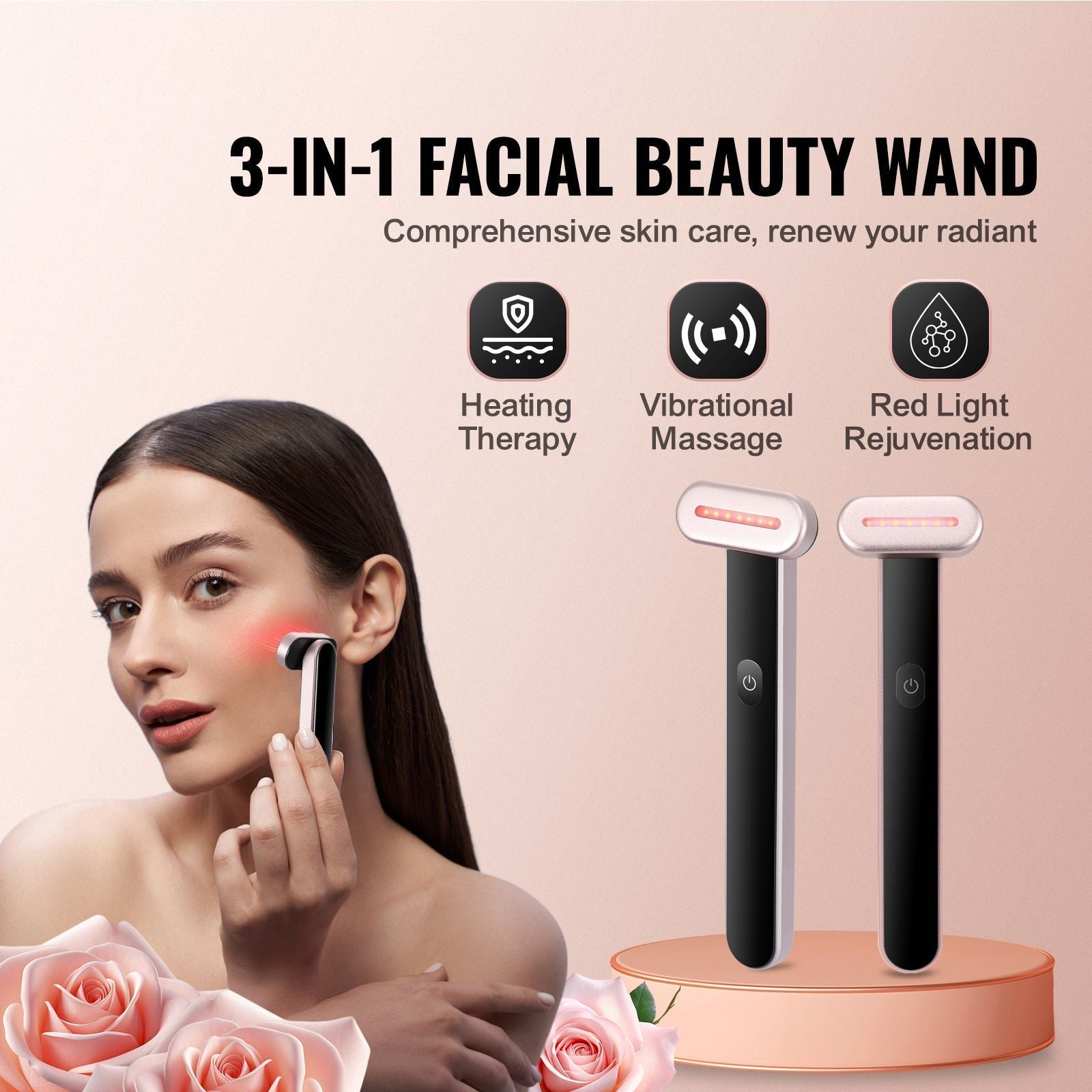 Red Light Therapy Wand for Face by Berry Charmz with 7-color LED, heating, microcurrent, vibrating massage, portable facial device.