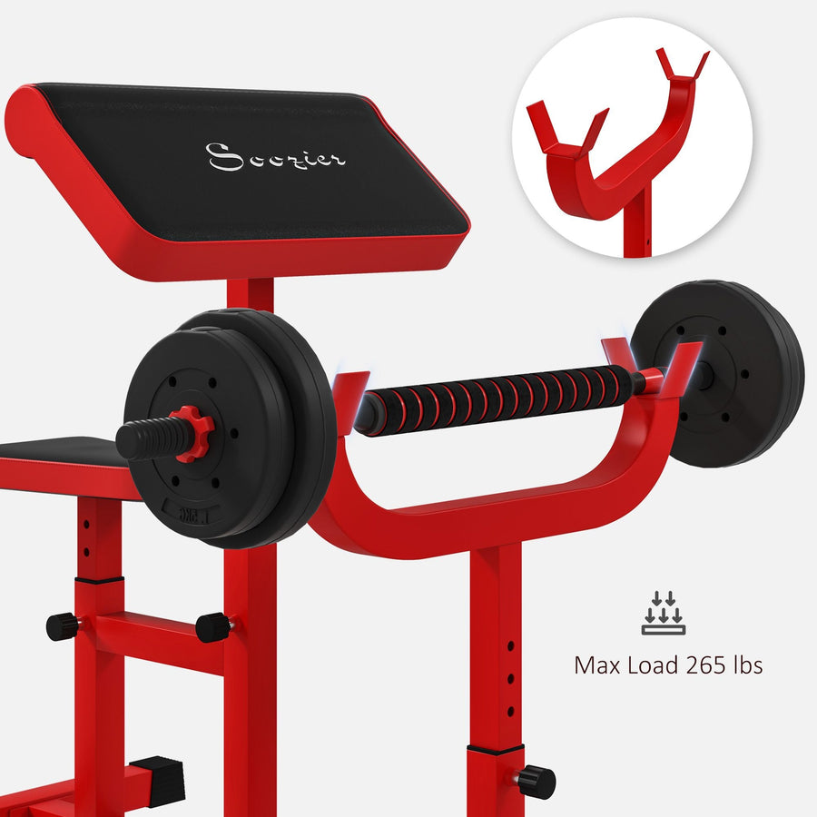 Red Berry Charmz preacher curl bench with adjustable seat and arm pads for bicep strength training and arm isolation.