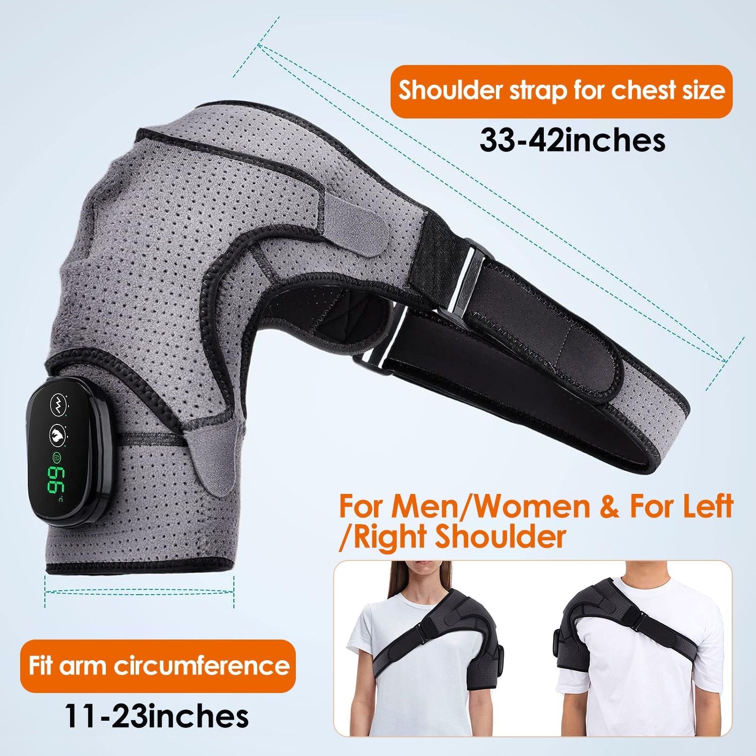 Berry Charmz cordless heated shoulder wrap with support, showing adjustable straps, heating controls, and vibration modes for relief.
