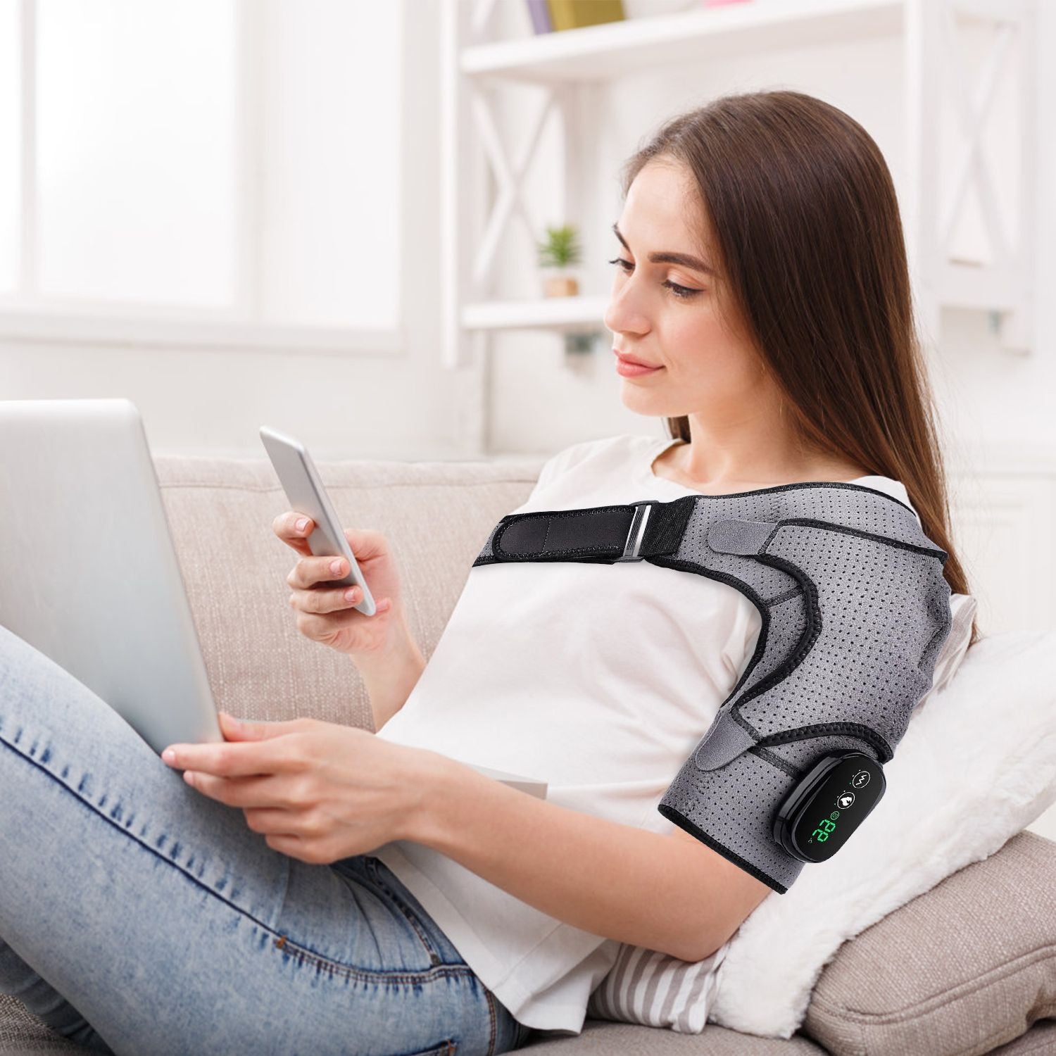 Berry Charmz cordless heated shoulder wrap with adjustable support, showing control buttons, soft fabric, and heating elements.