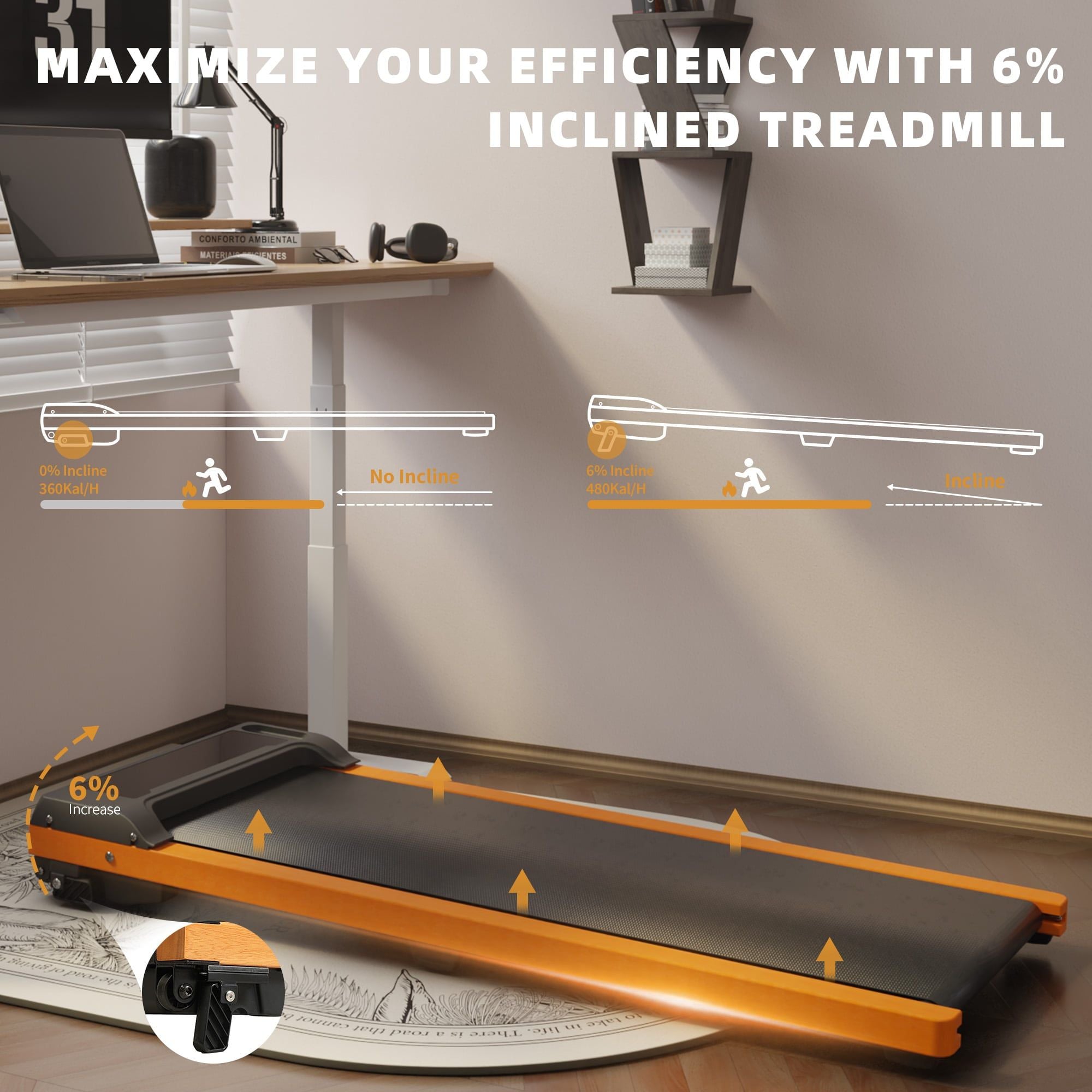 Berry Charmz 6% incline walking pad treadmill with LED display, compact design, upright stand, 1HP motor, supports 220 lbs.