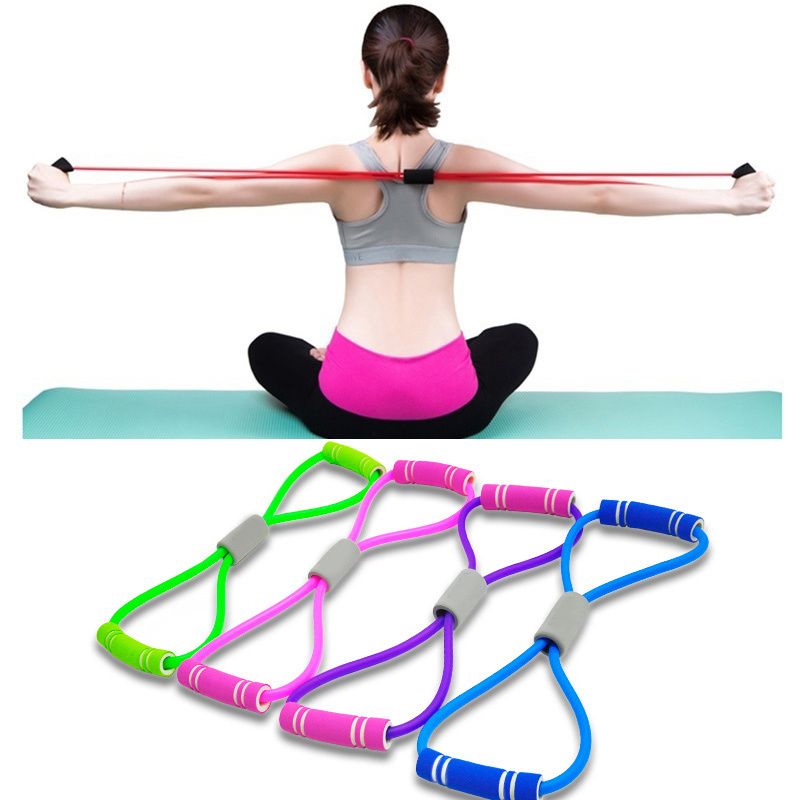 Berry Charmz foam handle 8-shape elastic tension band for abdomen, waist, arm, and leg stretching during fitness training.