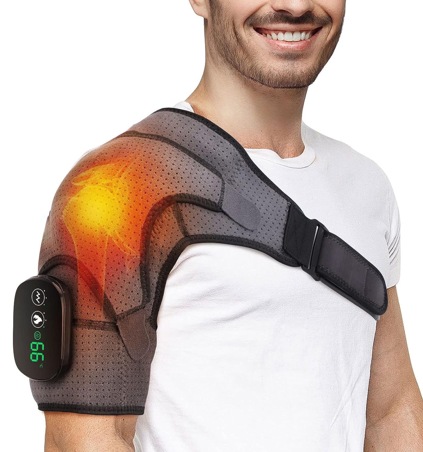 Berry Charmz cordless rechargeable heated shoulder wrap with support, adjustable heating levels, and vibration modes for left or right shoulder.