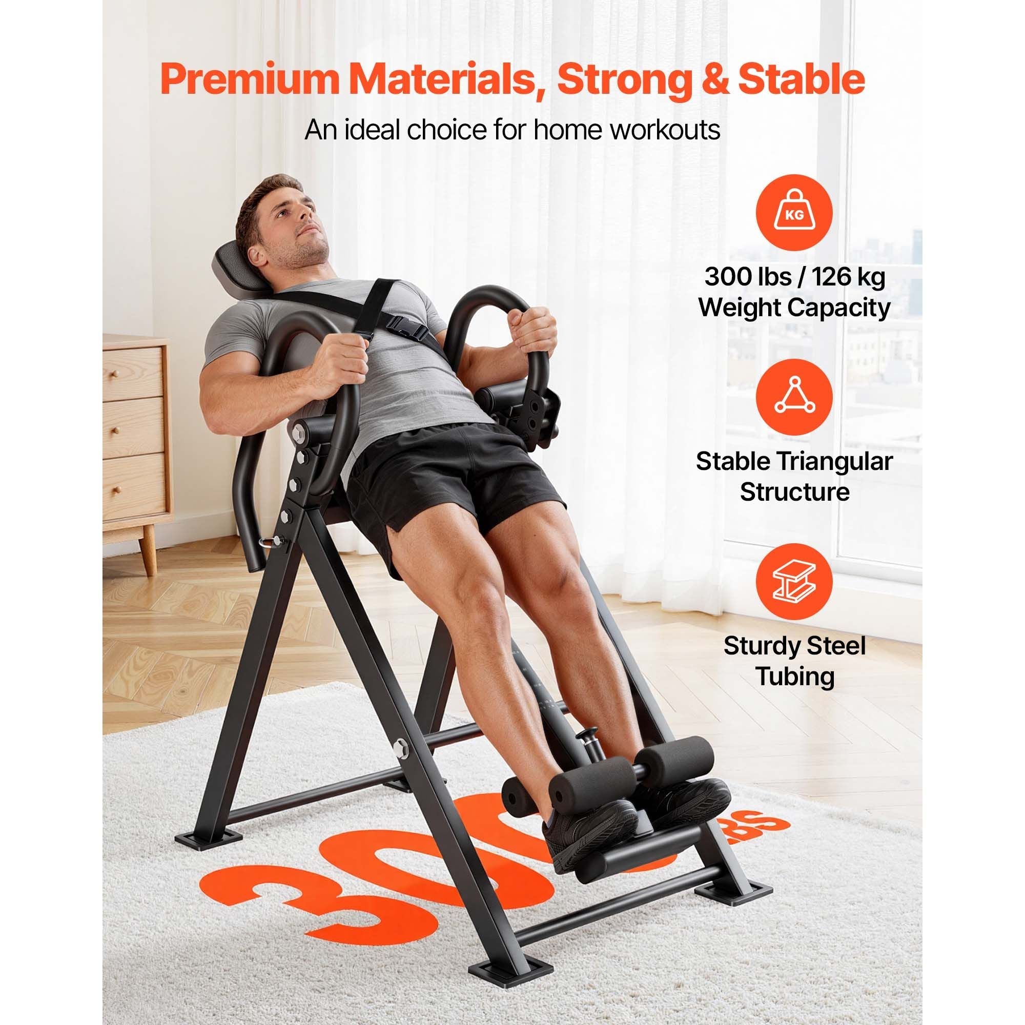 Berry Charmz inversion table with heavy-duty frame, adjustable backrest, dual-locking rollers, for shoulder, neck, back, and knee decompression.
