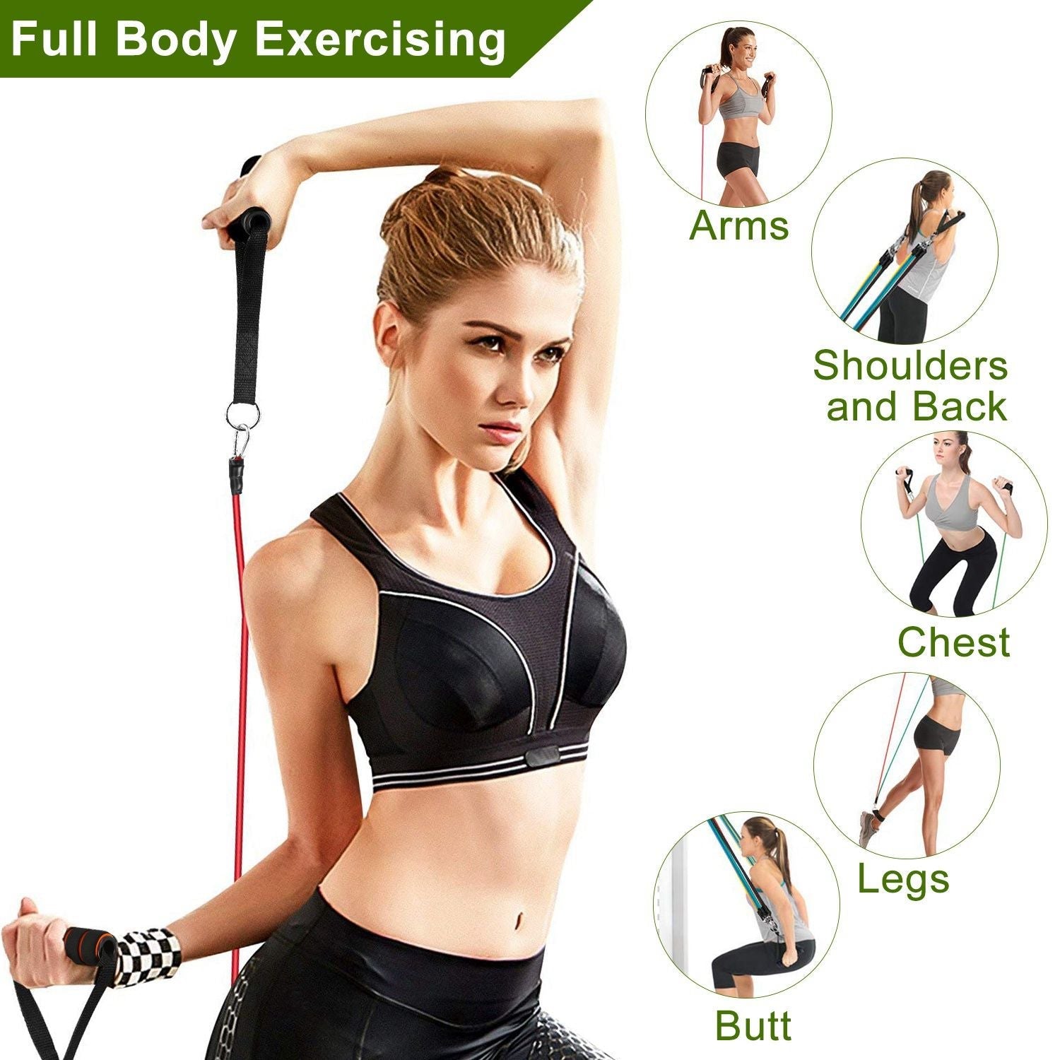Berry Charmz 11-piece resistance bands set with handles, door anchor, ankle straps, ideal for fitness, yoga, Pilates, and physical training.