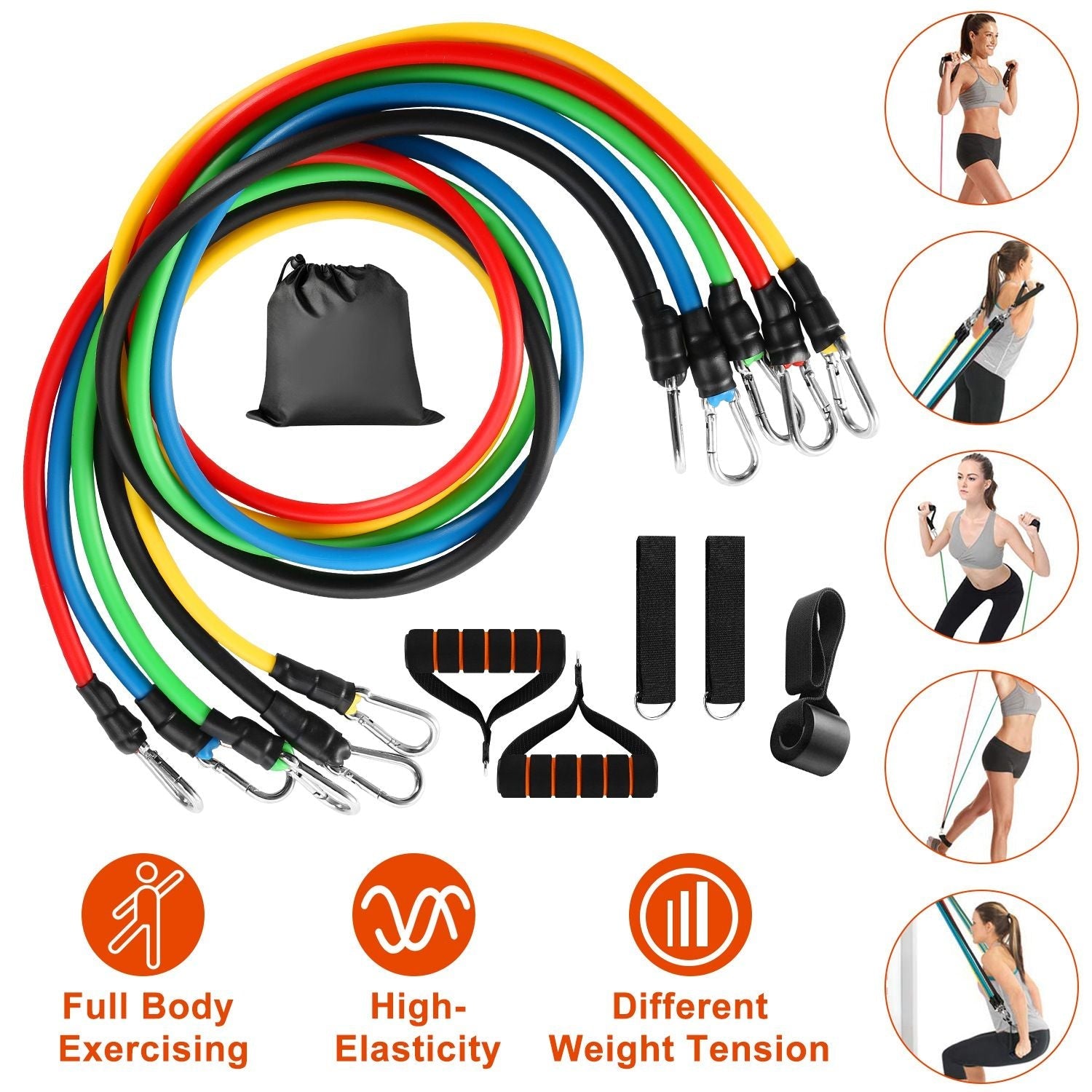 Berry Charmz 11-piece resistance bands set with handles, door anchor, ankle straps, and exercise tubes for fitness, yoga, and Pilates.