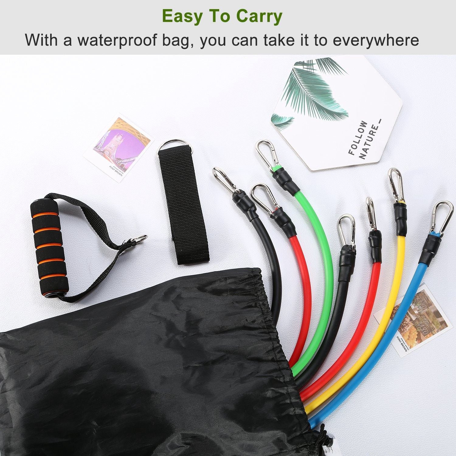 Berry Charmz 11-piece resistance bands set with door anchor, handles, and ankle straps for fitness, yoga, and Pilates workouts.
