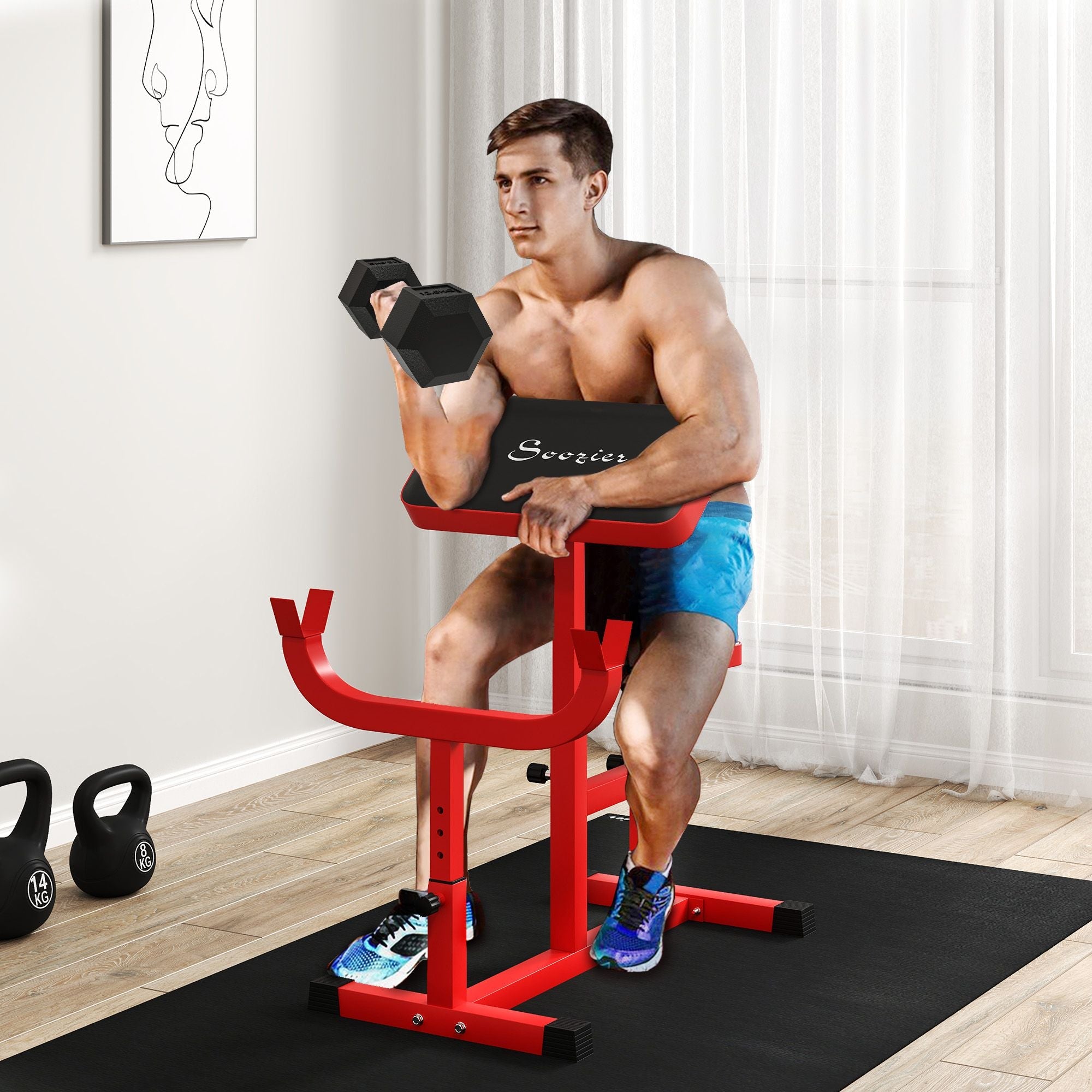 Red Berry Charmz preacher curl bench with adjustable seat for bicep training, barbell and dumbbell support, strength training equipment