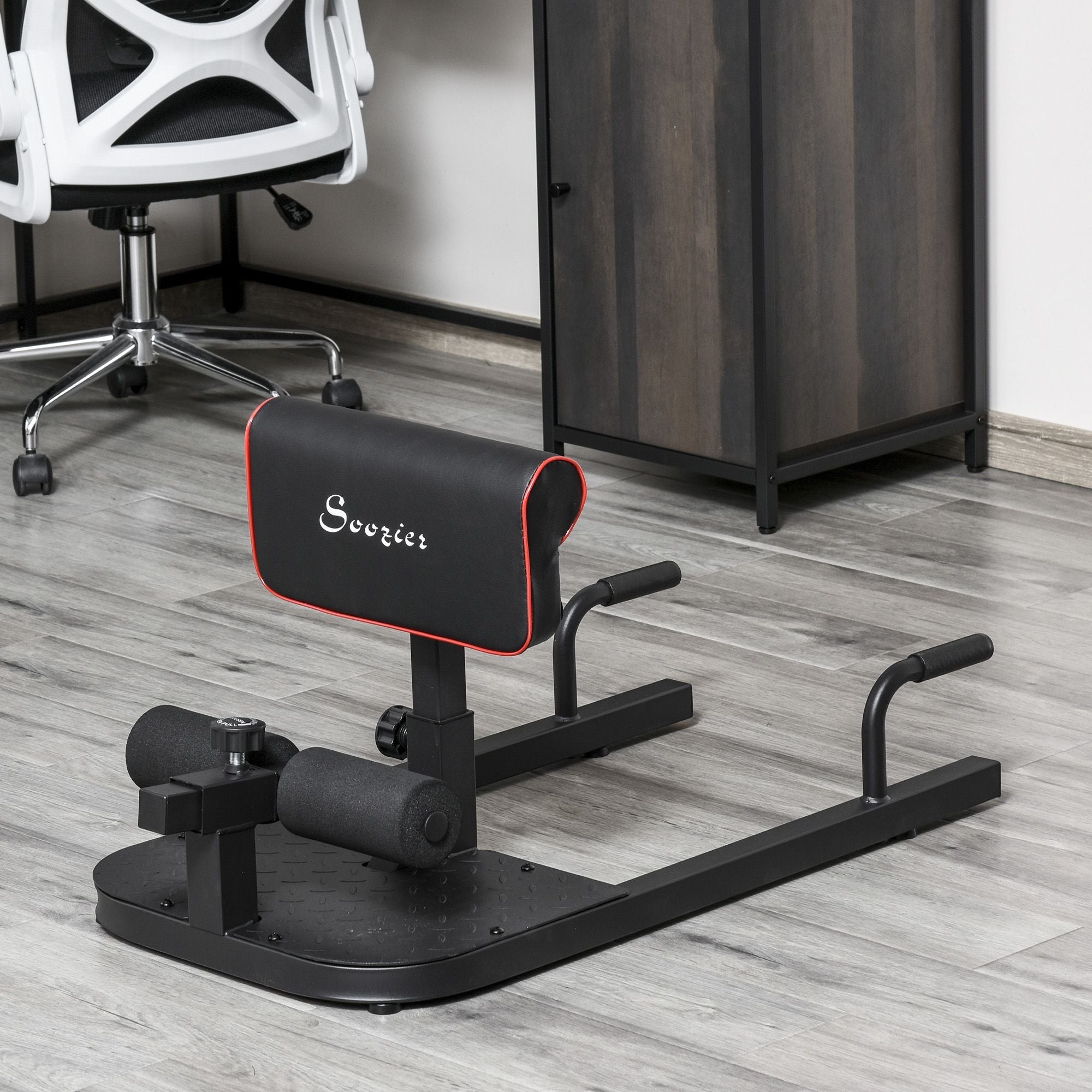 Black 3-in-1 padded push-up, sit-up, and squat machine from Berry Charmz, designed for home gym fitness workouts.