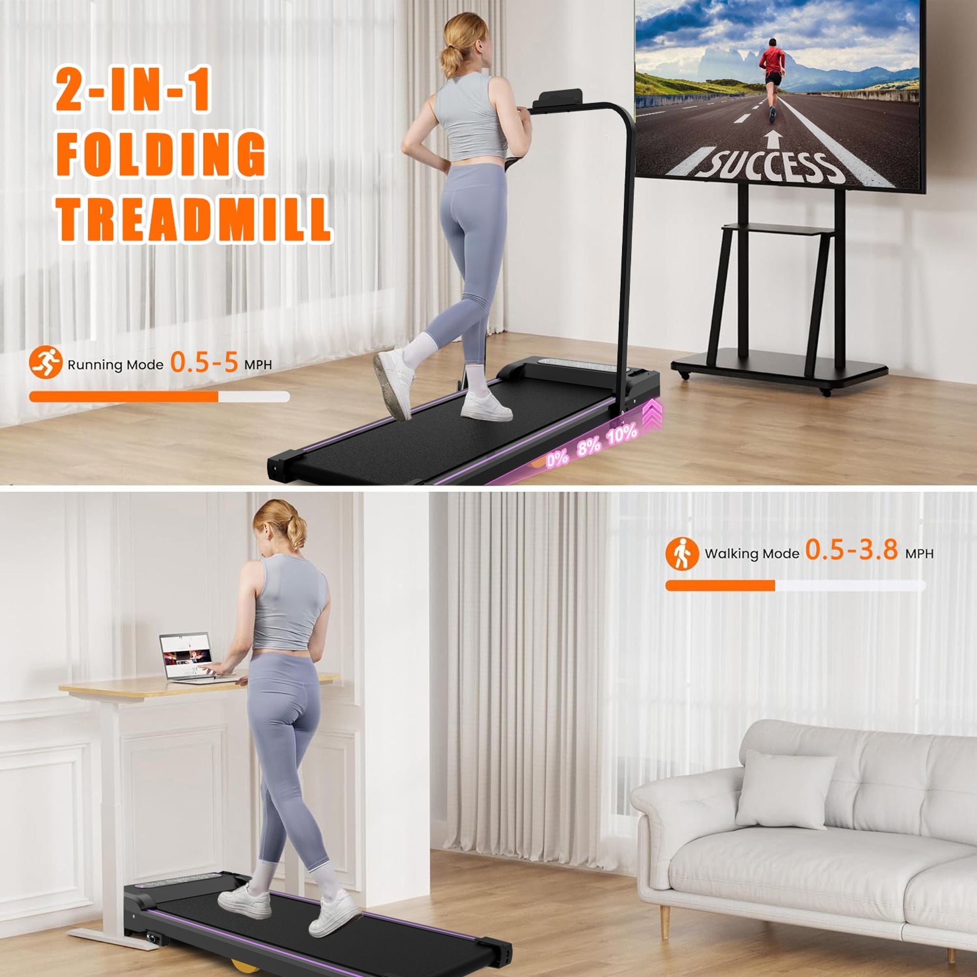 Black Berry Charmz under desk treadmill with handle, remote, LED display, designed for home and office walking and jogging.
