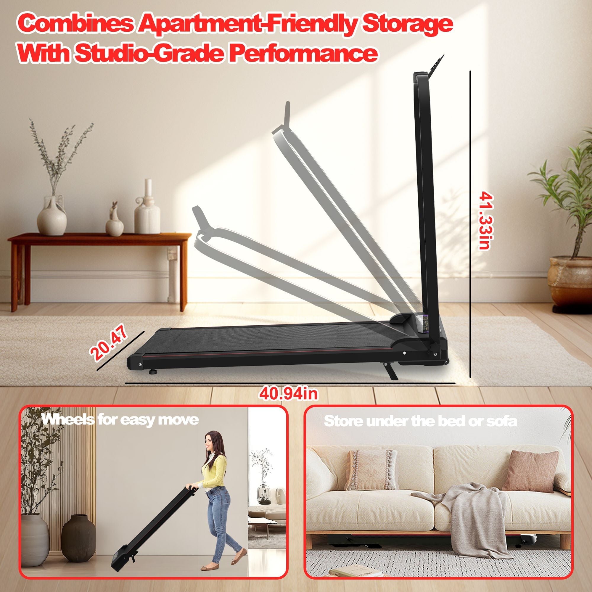 Foldable Berry Charmz treadmill with handlebar, incline, remote control, and compact design for home or office use.