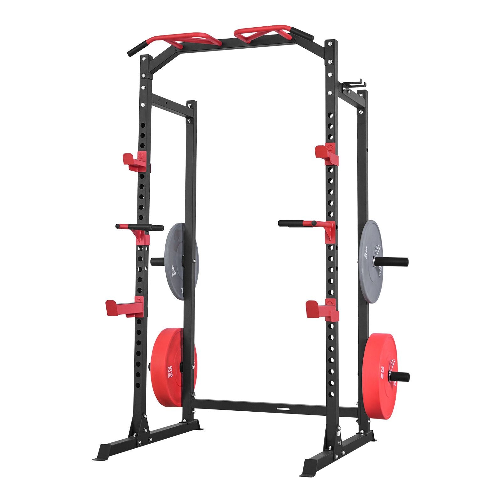 Berry Charmz Power Cage Power Rack with adjustable height, J-Hooks, and attachments for squat, bench press, and pull-up exercises.