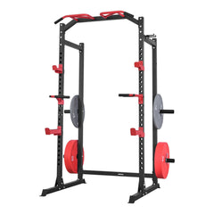 Berry Charmz Power Cage Power Rack with adjustable height, J-Hooks, and attachments for squat, bench press, and pull-up exercises.