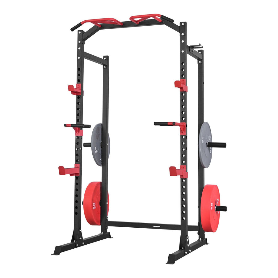 Berry Charmz Power Cage Power Rack with adjustable height, J-Hooks, and attachments for squat, bench press, and pull-up exercises.