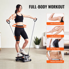 Berry Charmz mini stair stepper with resistance bands and LCD monitor, showing compact exercise equipment for cardio workouts.
