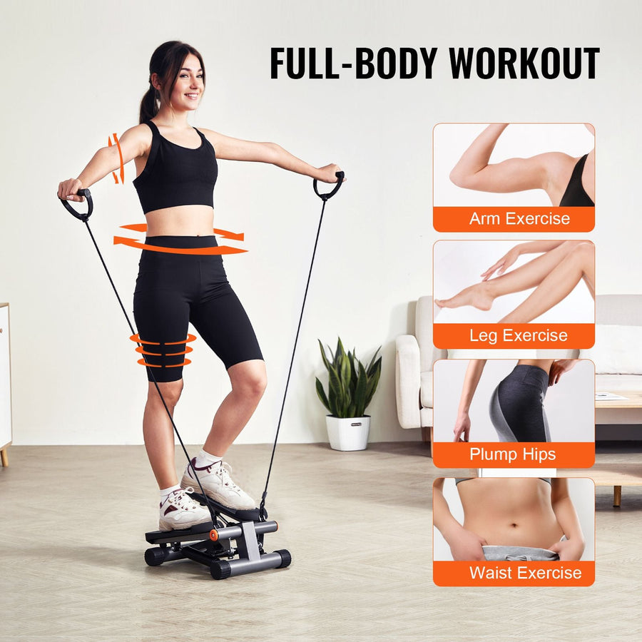 Berry Charmz mini stair stepper with resistance bands and LCD monitor, showing compact exercise equipment for cardio workouts.