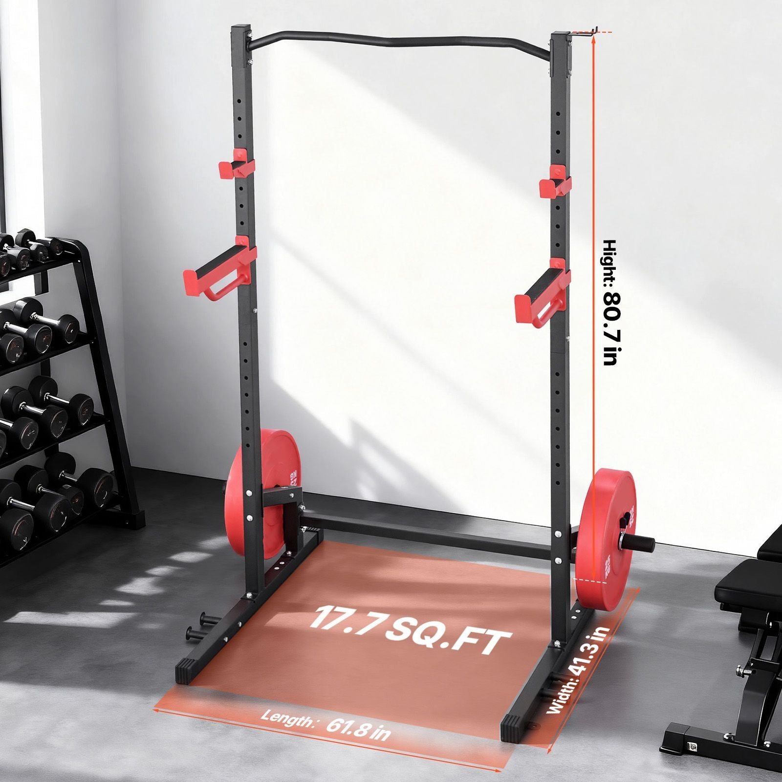 Berry Charmz Power Cage Squat Rack with adjustable J-hooks, safety bars, band pegs, and pull-up bar for home strength training.