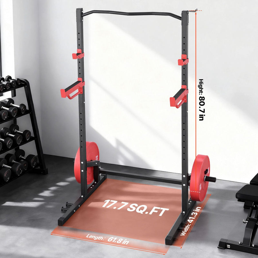 Berry Charmz Power Cage Squat Rack with adjustable J-hooks, safety bars, band pegs, and pull-up bar for home strength training.