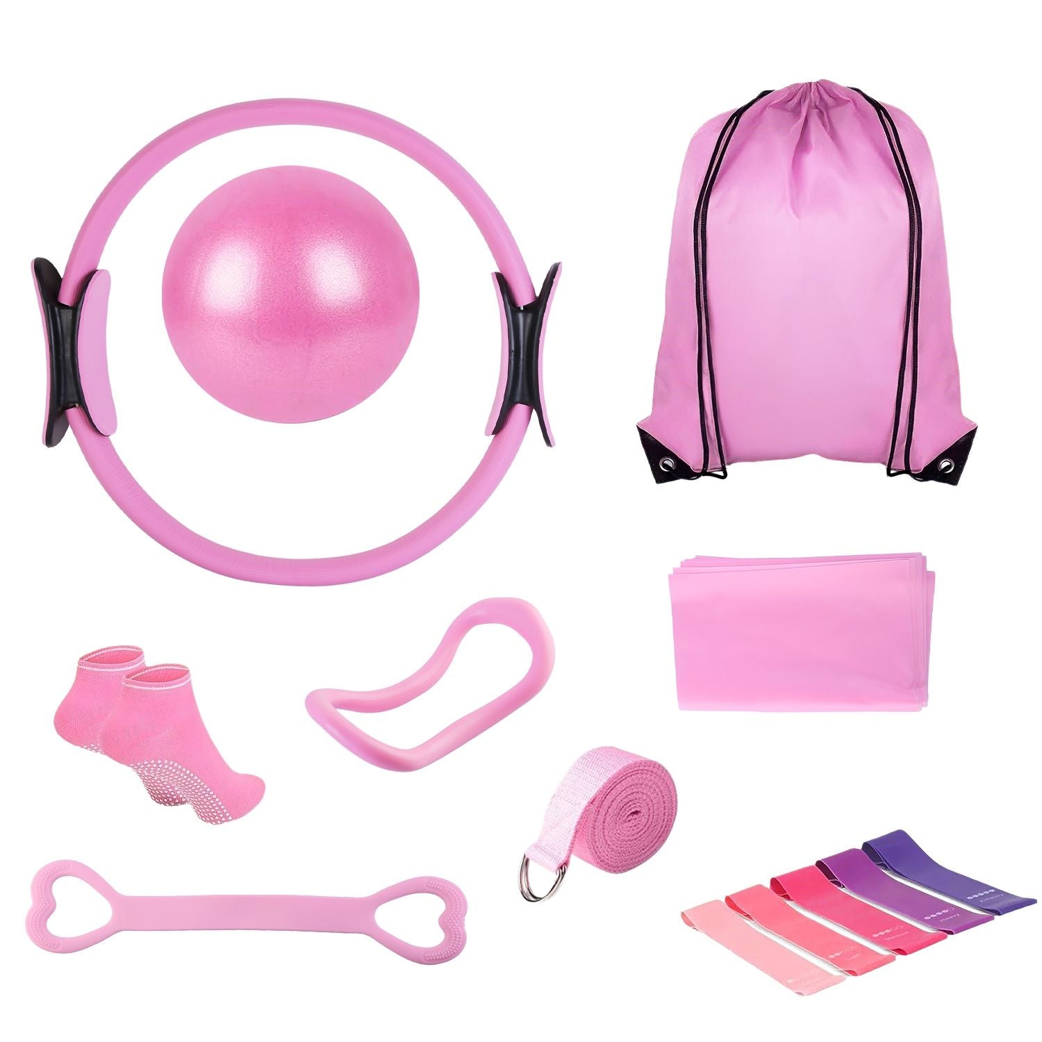 Berry Charmz 14-piece Pilates ring essentials kit with yoga ball, arm stretcher, resistant bands, elastic bands, non-slip socks, and yoga strap.