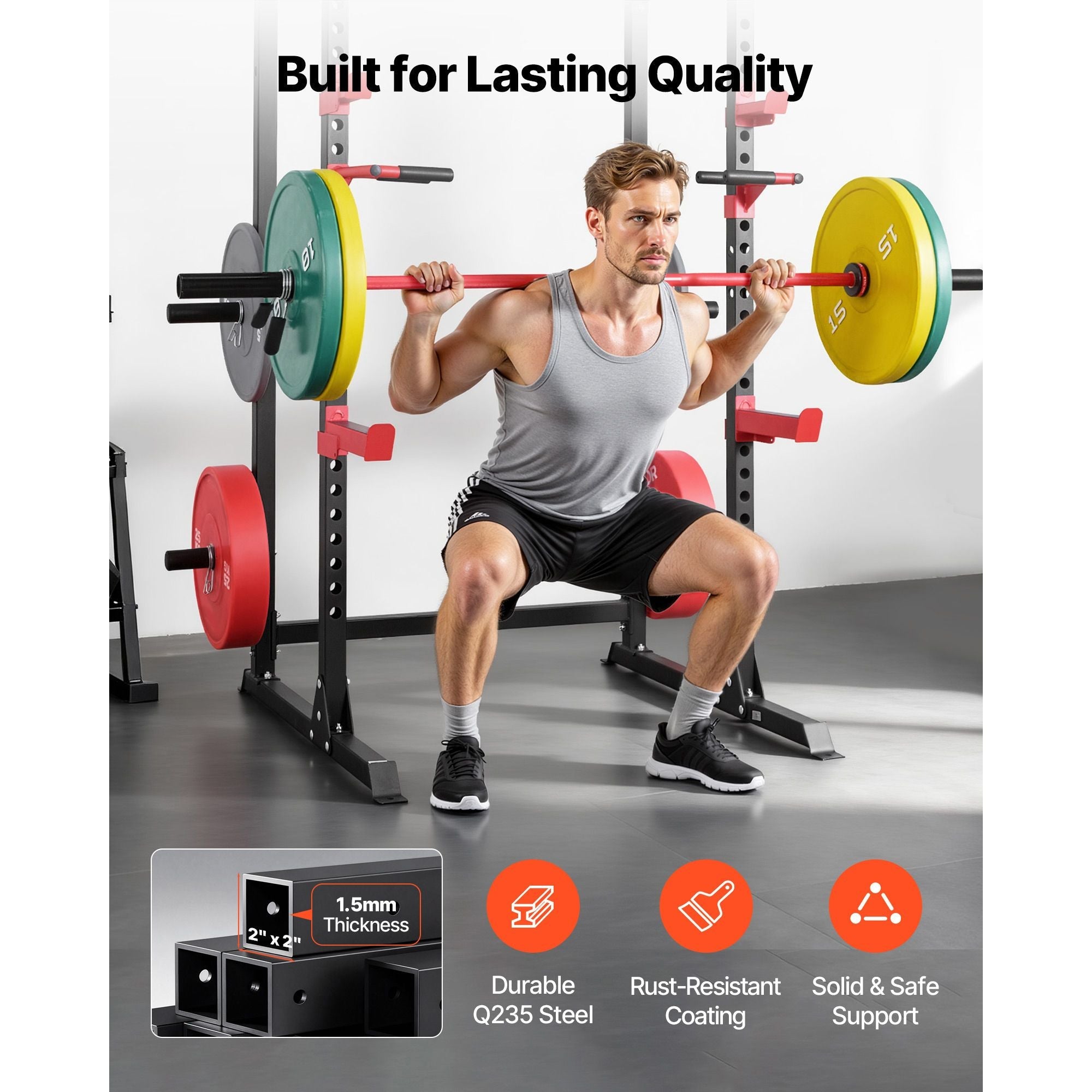 Berry Charmz power cage with adjustable height, J-hooks, pull-up bar, and weight storage for home gym strength training equipment.