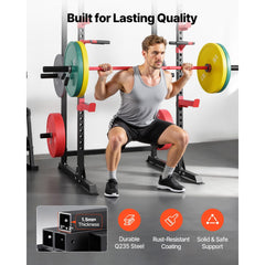 Berry Charmz power cage with adjustable height, J-hooks, pull-up bar, and weight storage for home gym strength training equipment.