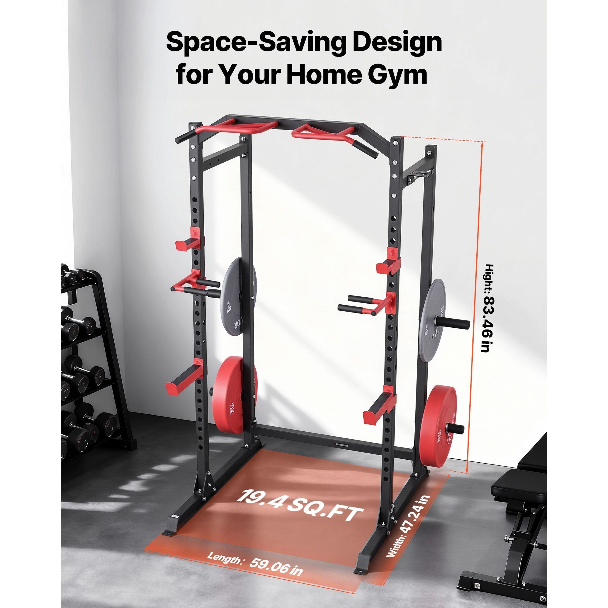 Berry Charmz power cage with adjustable barbell rack, J-hooks, and pull-up bar for home gym strength training and squats.