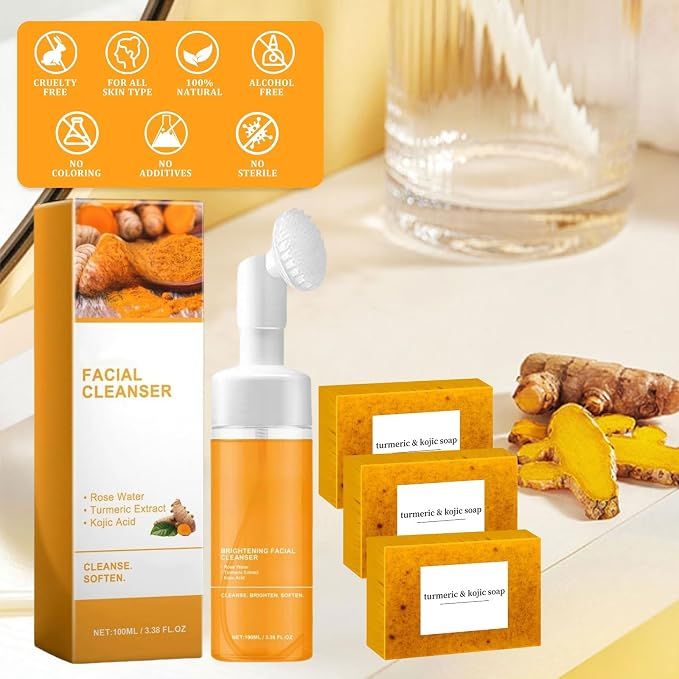 Berry Charmz turmeric soap and face wash set with honey lemon turmeric, kojic soap bar, and facial cleanser for deep cleansing and skin tone.