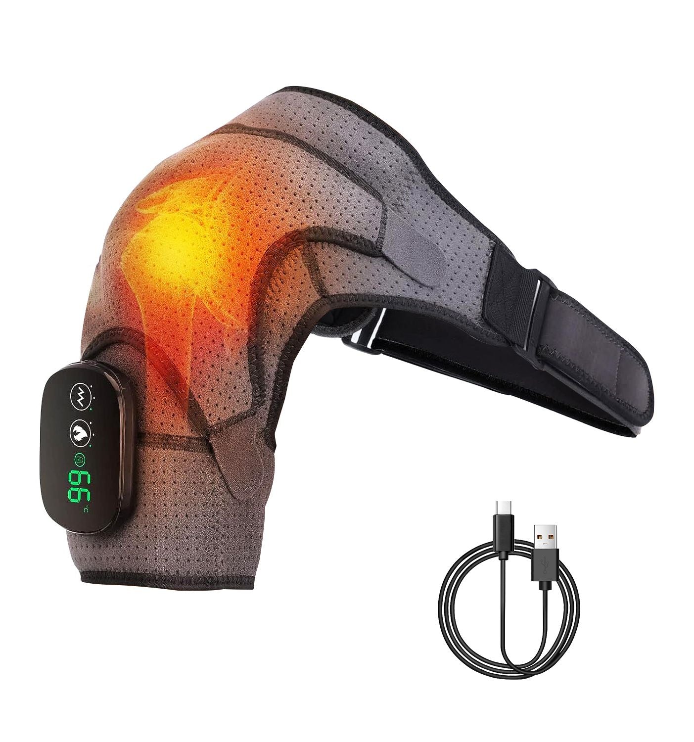 Berry Charmz cordless shoulder heating pad with adjustable heat levels, vibration modes, and supportive design for left or right shoulder.