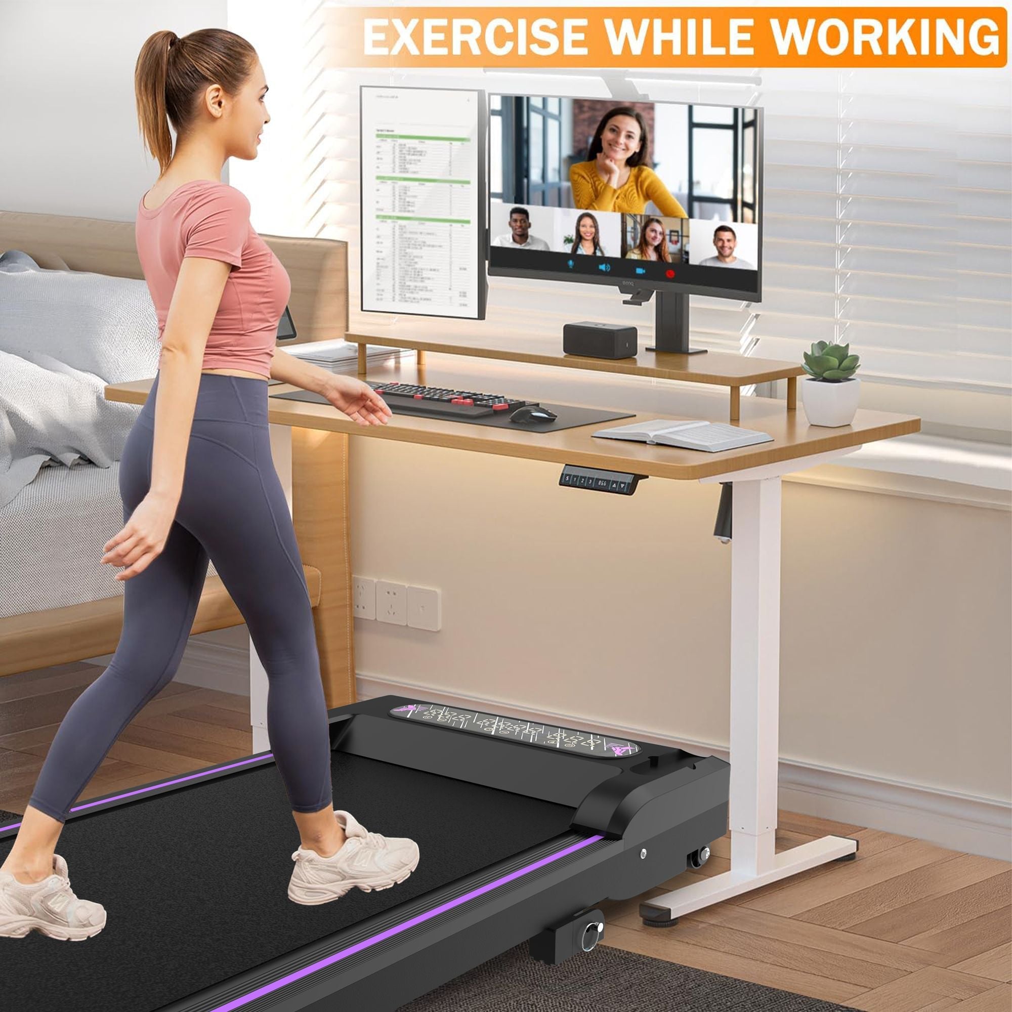 Black Berry Charmz under desk treadmill with LED display, handle, and remote control for walking and jogging at home or office