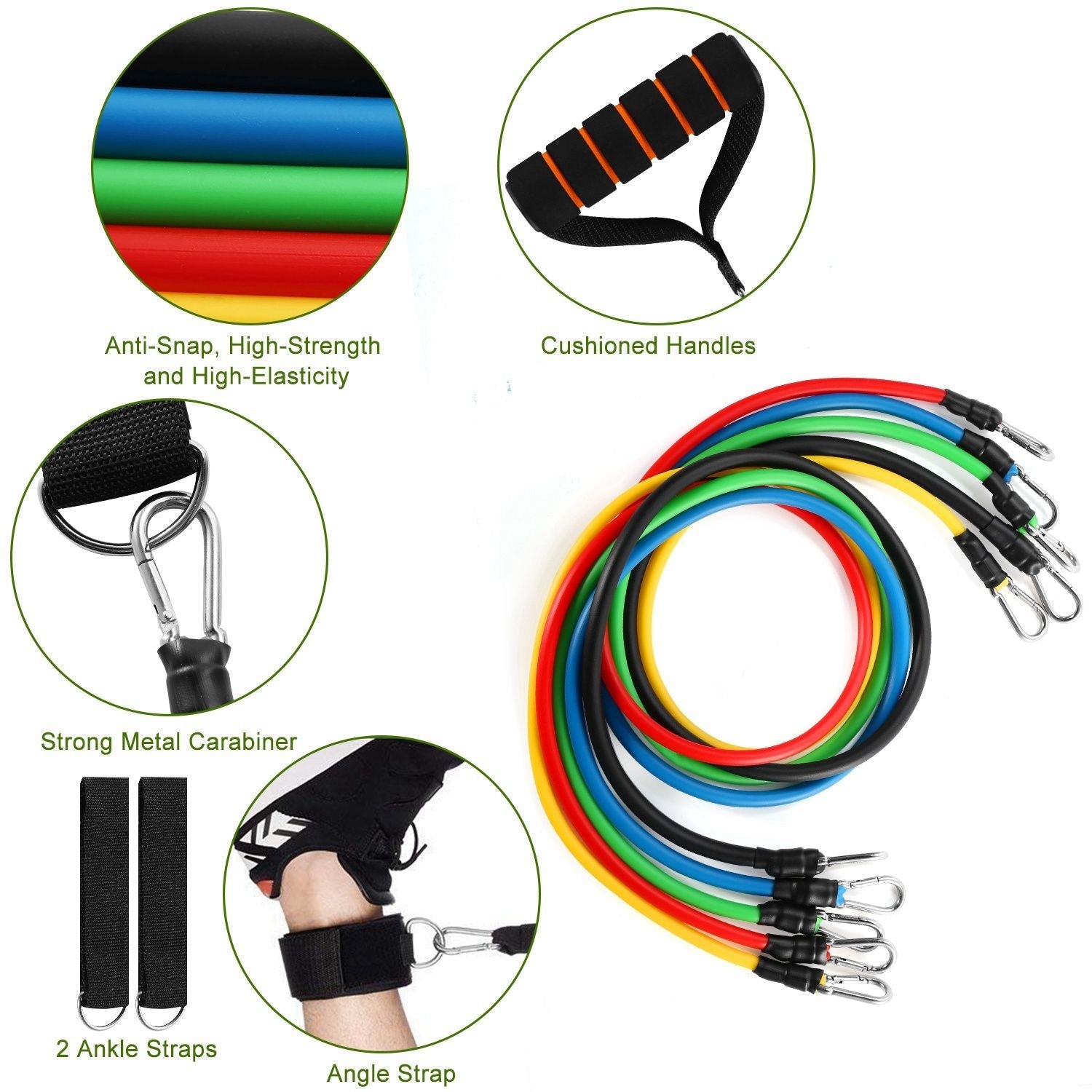 Berry Charmz 11-piece resistance bands set with handles, ankle straps, door anchor for fitness, yoga, and Pilates workouts.