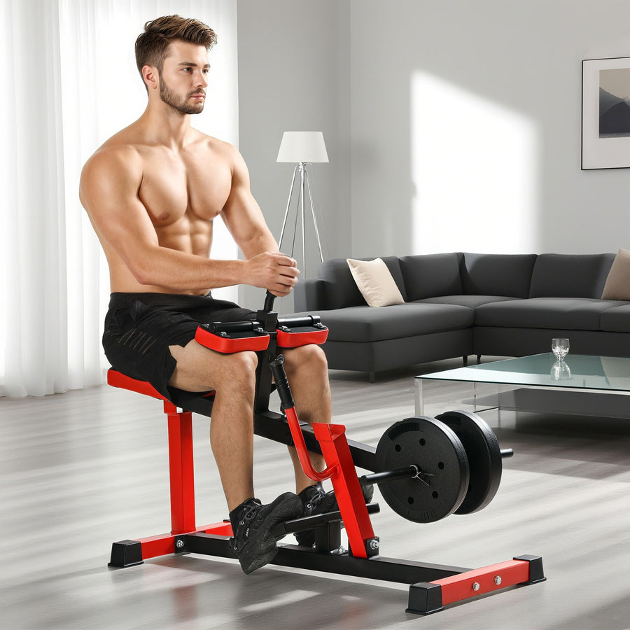 Red adjustable steel seated calf raise exercise machine for strength training, featuring padded seat and sturdy frame for gym workouts.