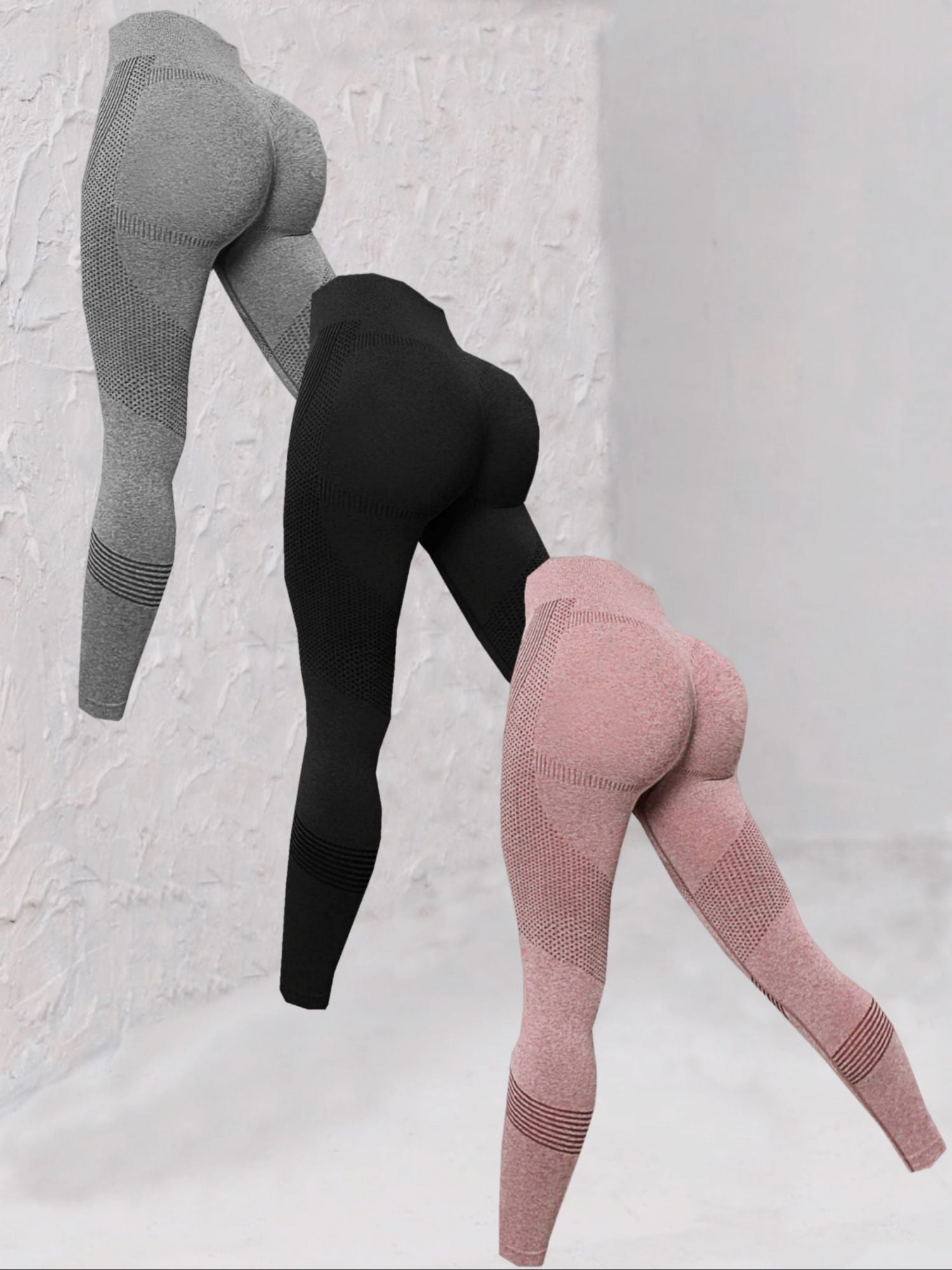 Three pairs of Berry Charmz seamless striped yoga leggings for women, high stretch, slim fit, ideal for workout and gym activities.