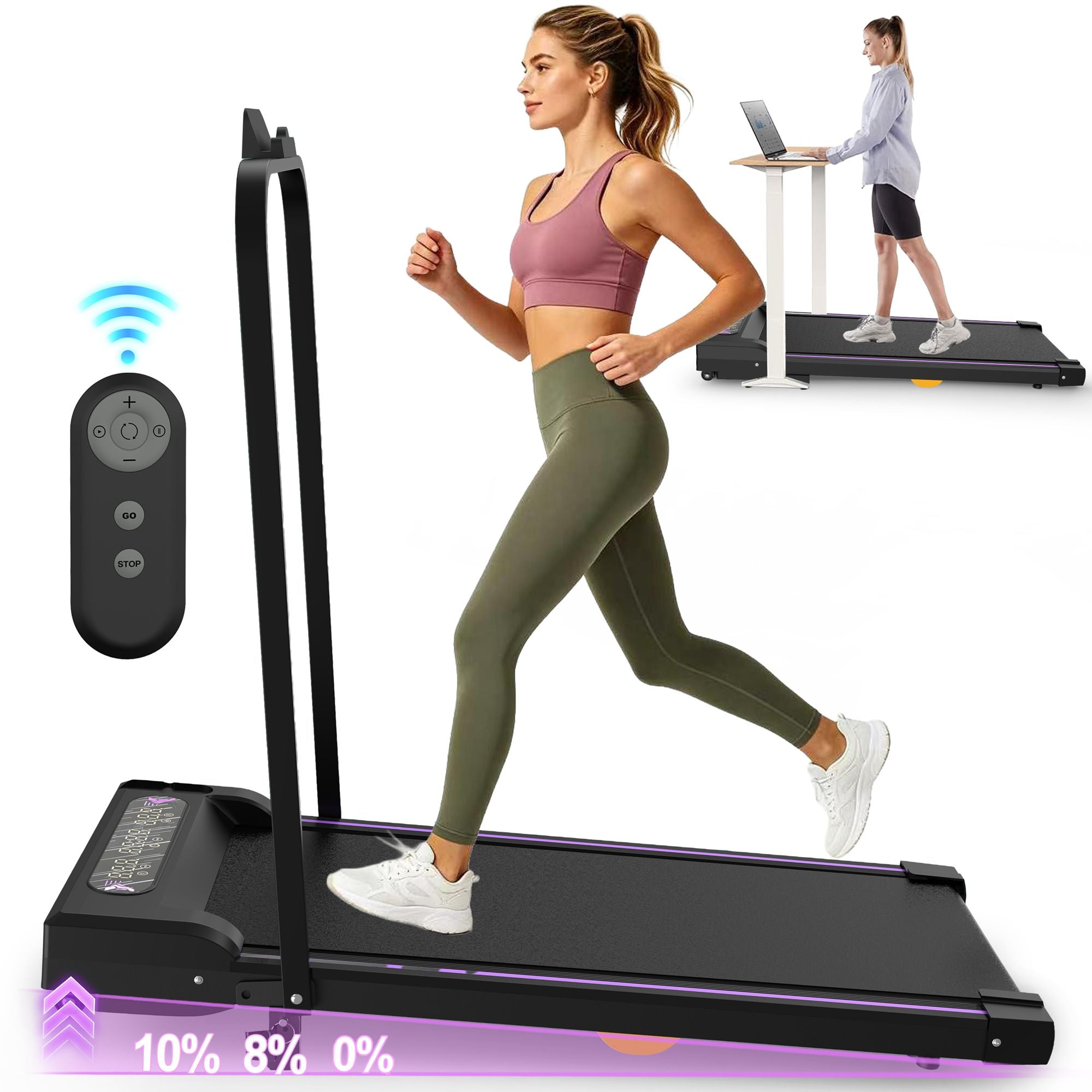 Black Berry Charmz under desk treadmill with LED display, handle, and remote control, ideal for walking and jogging at home or office