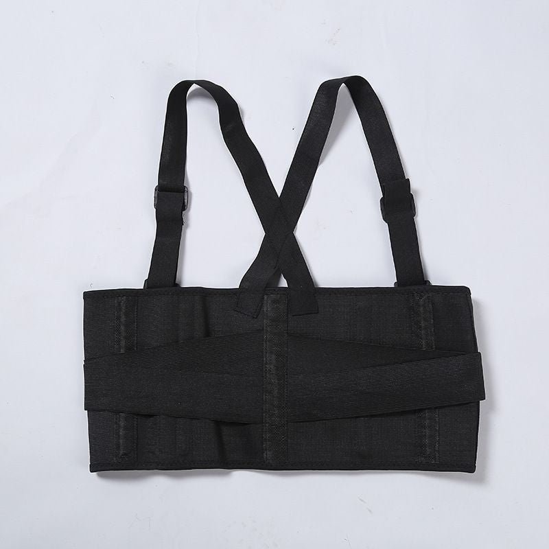 Black adjustable weightlifting belt with shoulder strap from Berry Charmz, designed for lower back support during exercise and lifting.