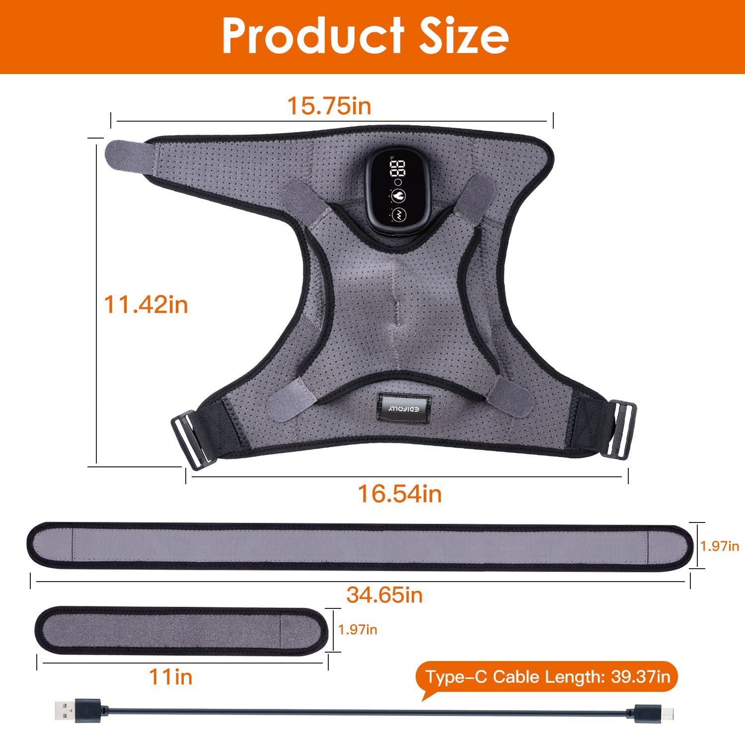 Berry Charmz cordless rechargeable shoulder heating pad with massager, supports left or right shoulder, with 3 heating and vibration modes.