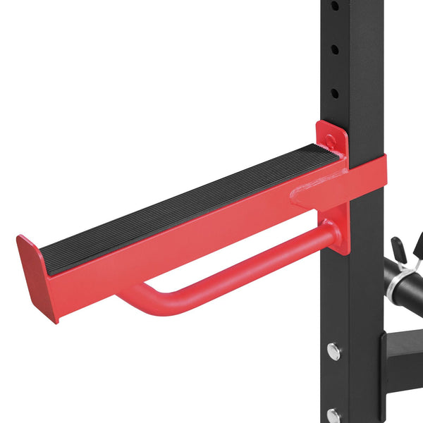 Berry Charmz Power Cage Squat Rack with adjustable J-hooks, safety bars, band pegs, and pull-up bar for home gym strength training.