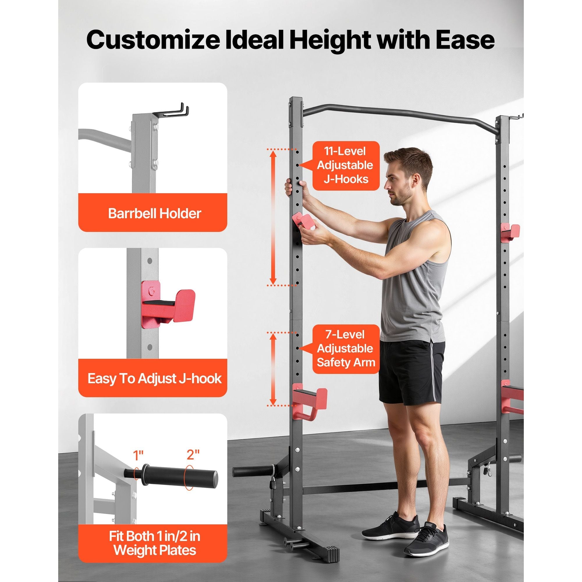 Berry Charmz Power Cage Squat Rack with J-Hooks, safety bars, and band pegs for strength training, home gym, barbell squat, and bench press
