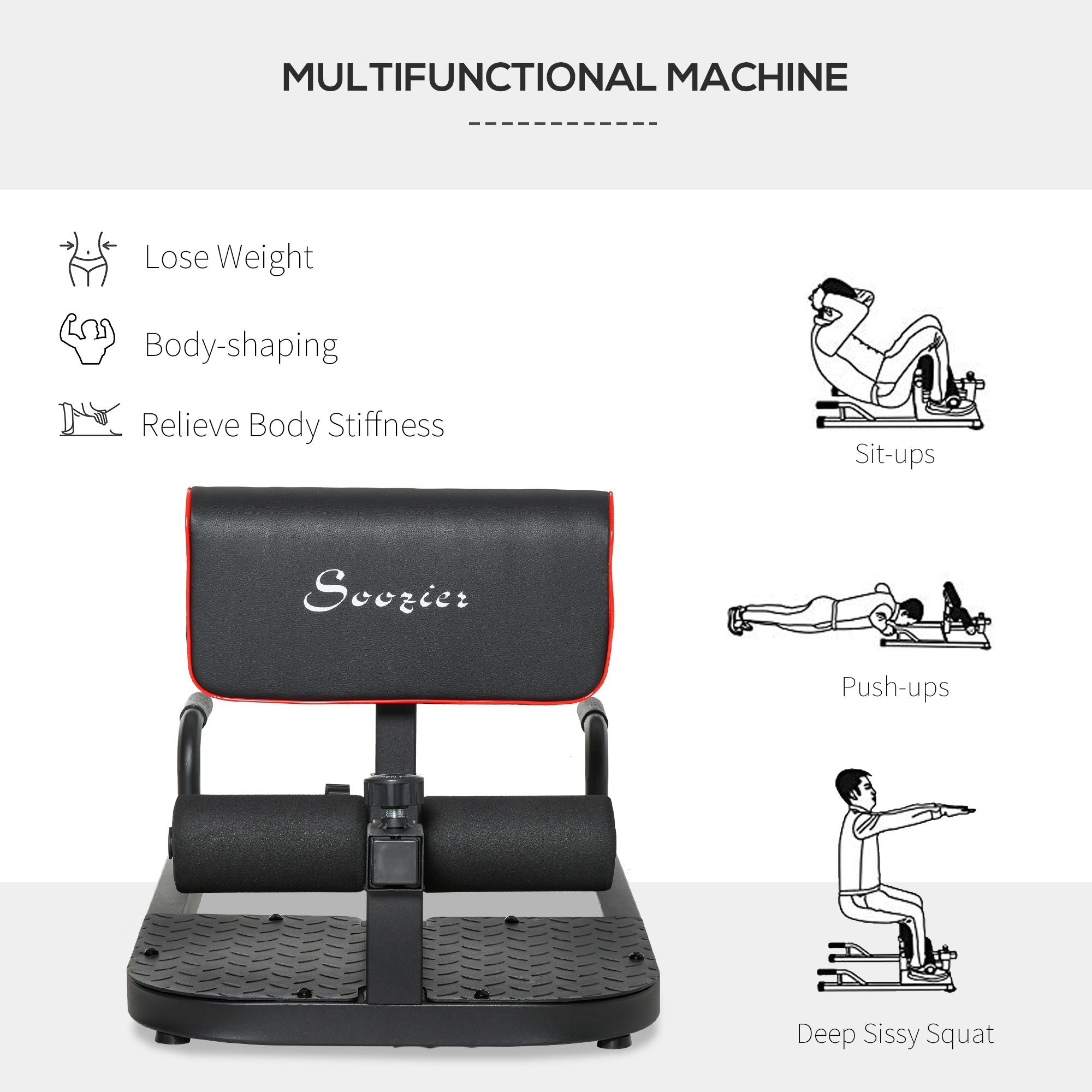 Black 3-in-1 padded push-up, sit-up, and squat machine by Berry Charmz, home gym fitness equipment for full-body workouts.