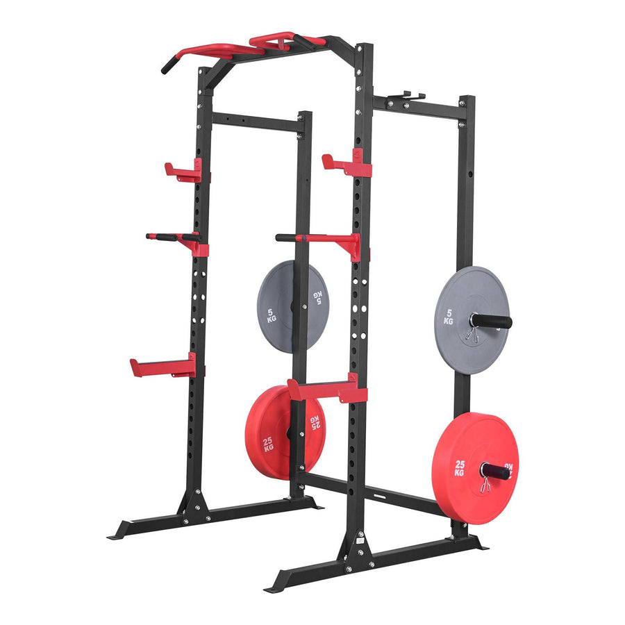 Berry Charmz Power Cage Power Rack with adjustable height, J-hooks, and attachments for strength training, squats, and pull-ups.