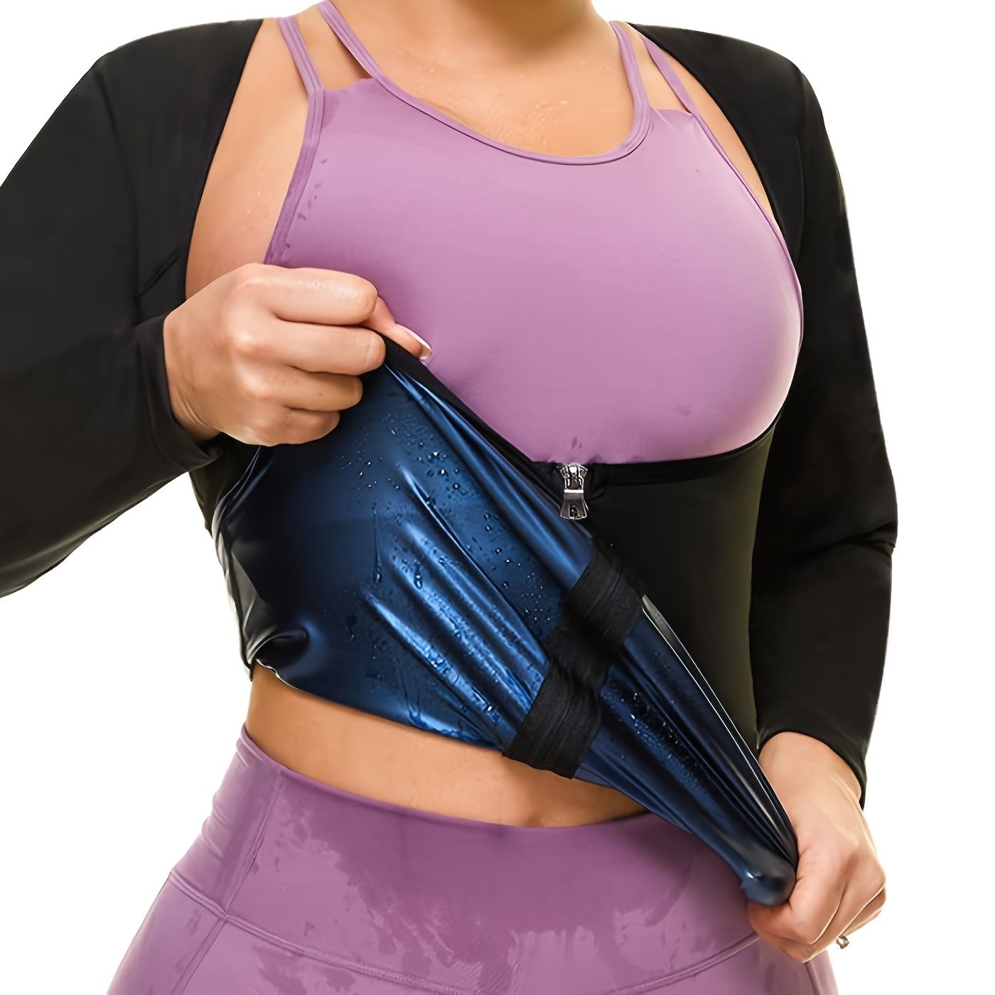 Berry Charmz women's sauna suit with long sleeves, zipper, and waist trainer for sweat and body shaping during workouts.