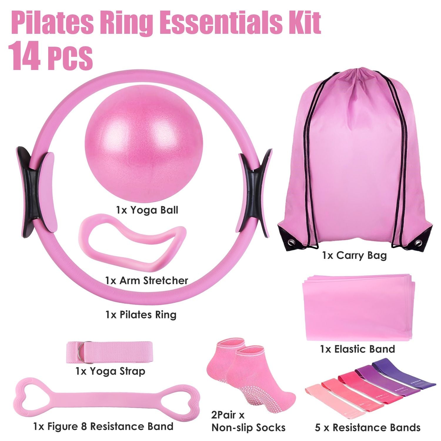Berry Charmz 14-piece Pilates ring essentials kit including yoga ball, arm stretcher, resistance bands, figure 8 band, and non-slip socks