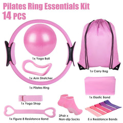 Berry Charmz 14-piece Pilates ring essentials kit including yoga ball, arm stretcher, resistance bands, figure 8 band, and non-slip socks