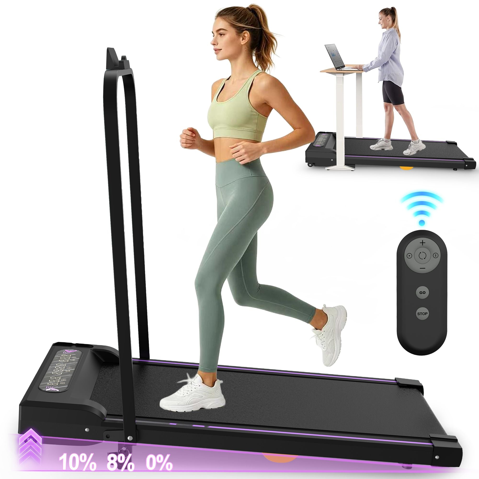 Black portable under desk treadmill with LED display, handle, remote control, suitable for walking and jogging at home or office.